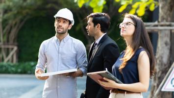 Trois personnes dont un architecte étudient les travaux d'un immeuble en copropriété 