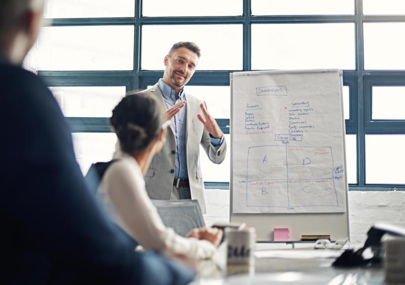 Formation professionnelle avec présentation sur tableau blanc.