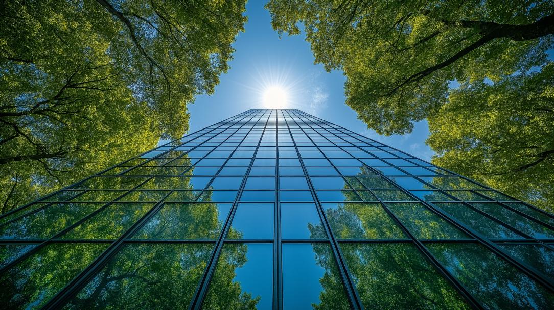 Un bâtiment moderne entouré d'arbres sous le soleil