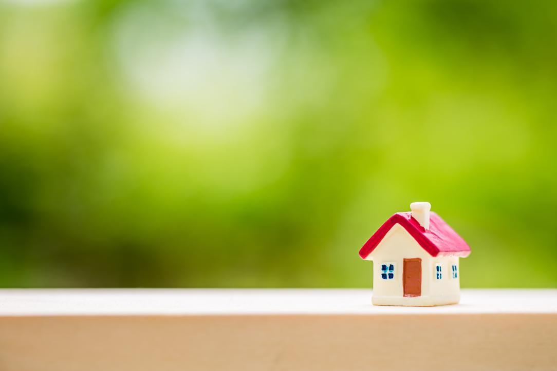Une maison miniature au toit rouge avec en arrière-plan un fond vert